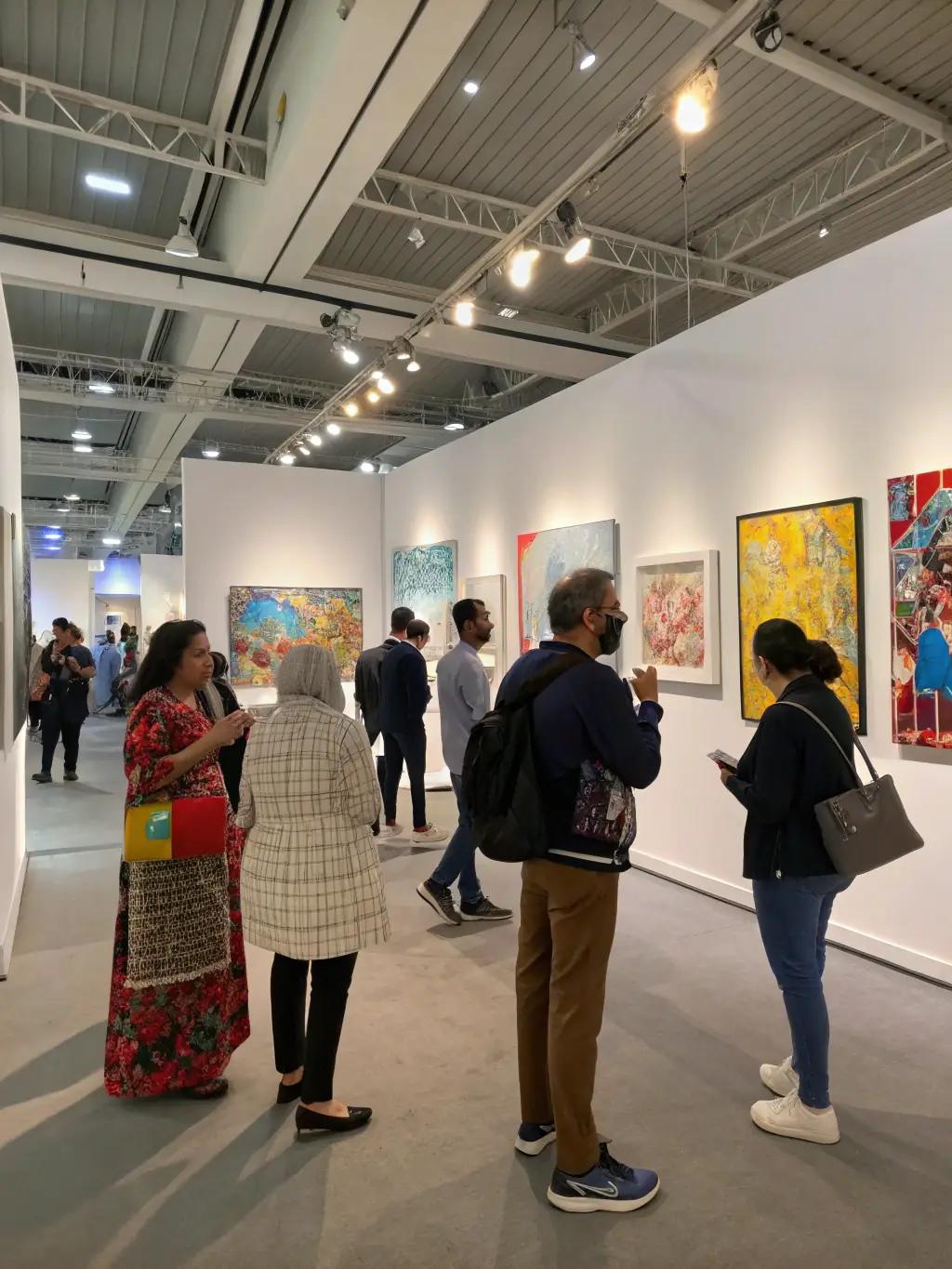 A vibrant photograph capturing a contemporary art exhibition organized by FAM, showcasing diverse artworks and engaged visitors.